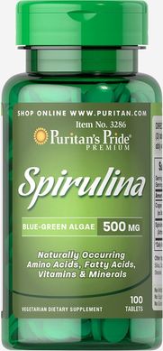 Спіруліна, Spirulina, Puritan's Pride, 500 мг, 100 таблеток (PTP-03286), фото