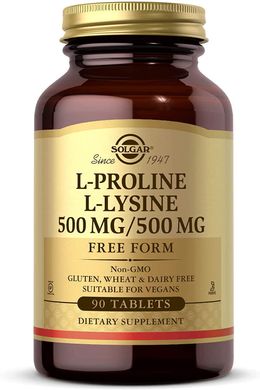 Solgar, L-пролін/L-лізин у вільній формі, 500 мг/500 мг, 90 таблеток (SOL-02279), фото