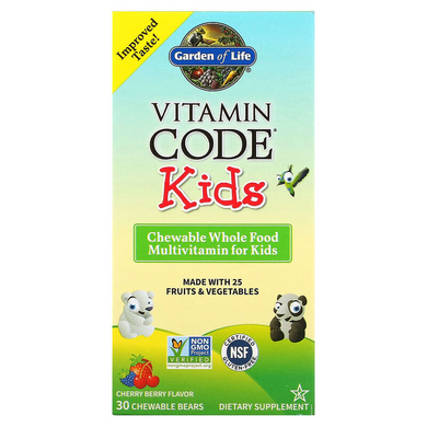 Garden of Life, Vitamin Code, цільнохарчові мультивітаміни для дітей, вишня, 30 жувальних ведмедиків (GOL-11439), фото