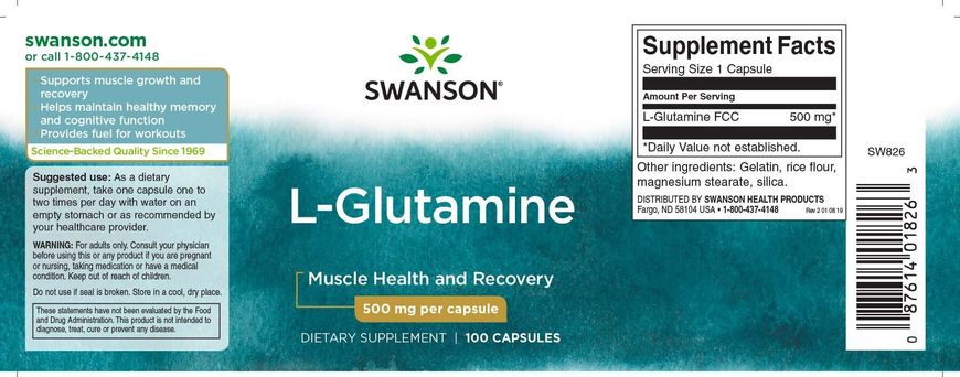L- глютамін, L-Glutamine, Swanson, 500 мг, 100 капсул (SWV-01826), фото
