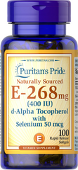 Витамин Е с селеном, Vitamin E, Puritan's Pride, 400 МЕ, натуральный, 100 гелевых капсул (PTP-13840), фото