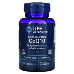 Life Extension, Super-Absorbable CoQ10, суперзасвоюваний коензим Q10 (убіхінон) з d-лимоненом, 100 мг, 60 капсул (LEX-19516), фото