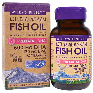 Wiley's Finest, жир диких аляскинских рыб, пренатальная ДГК, 600 мг, 60 рыбных капсул (WIF-00403), фото