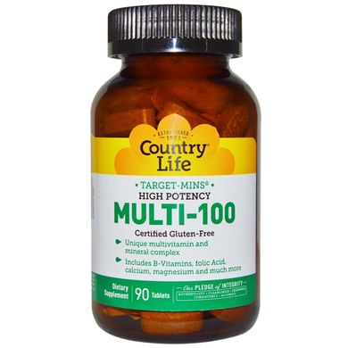 Мультивитамины, Multi-100, Country Life, высокоэффективные, 90 таблеток (CLF-08262), фото