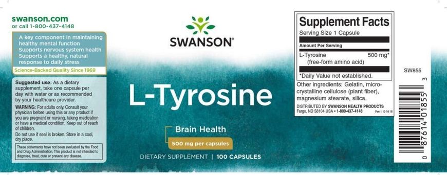 L- тирозін, L-Tyrosine, Swanson, 500 мг, 100 капсул (SWV-01855), фото