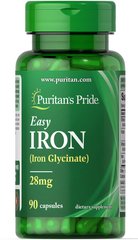 Железо, Easy Iron (Glycinate), Puritan's Pride, 28 мг, 90 гелевых капсул (PTP-11603), фото