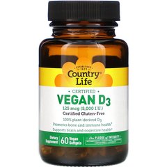 Country Life, Витамин D3, 125 мкг (5000 МЕ), 60 вегетарианских капсул (CLF-05821), фото