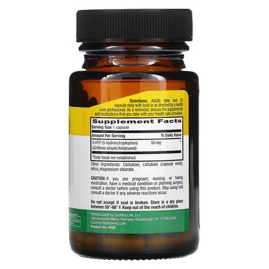 Country Life, 5-гідрокситриптофан, 50 мг, 50 вегетаріанських капсул (CLF-01650), фото
