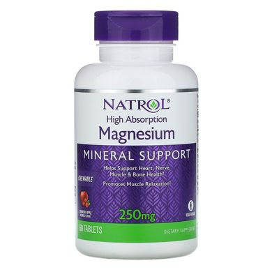 Natrol, магній з високим засвоєнням, натуральний ароматизатор «Журавлина та яблуко», 250 мг, 60 таблеток (NTL-07066), фото