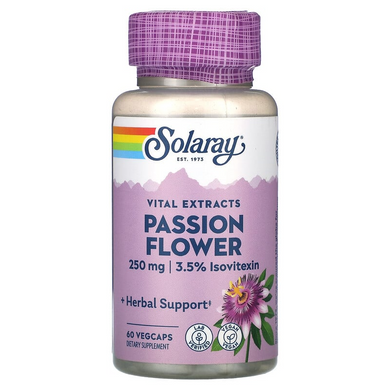 Solaray, Пасифлора екстракт, Vital Extracts, Passion FLower, 250 мг, 60 рослинних капсул (SOR-11104), фото