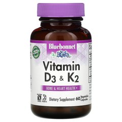 Bluebonnet Nutrition, витамины D3 и K2, 60 вегетарианских капсул (BLB-00654), фото