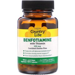 Бенфотиамин с коферментом B1, Benfotiamine, Country Life, 150 мг, 60 растительных капсул (CLF-06003), фото