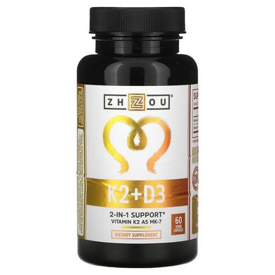 Zhou Nutrition, D3+K2, 125 мкг (5000 МО)/90 мкг, підтримка 2-в-1, 60 вегетаріанських капсул (ZHO-00618), фото