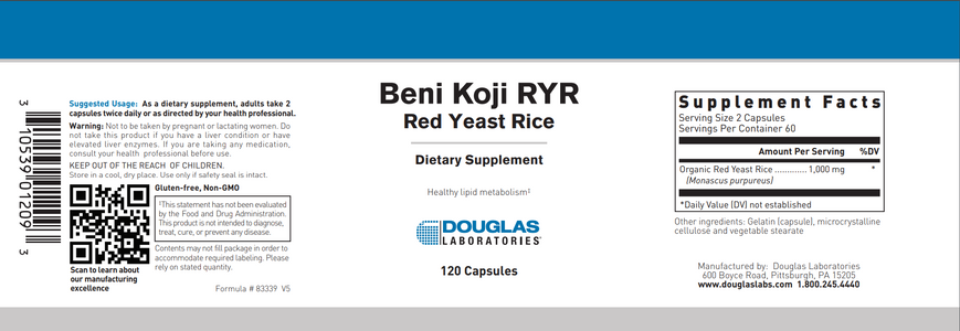 Ферментированный красный дрожжевой рис, Beni-Koji RYR, Douglas Laboratories, 60 капсул (DOU-83339), фото