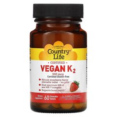 Country Life, сертифікований веганські вітамін K2, полуниця, 500 мкг, 60 жувальних таблеток (CLF-08015), фото