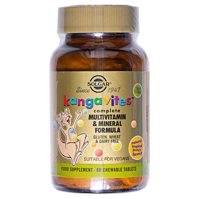 Solgar, Kangavites, Повноцінний дитячий комплекс з вітамінами та мінералами, зі смаком тропічних фруктів, 60 жувальних таблеток (SOL-01018), фото