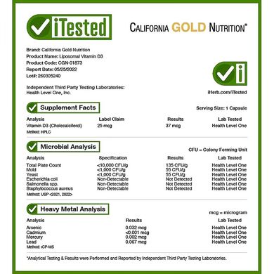 California Gold Nutrition, липосомальный витамин D3, 25 мкг (1000 МЕ), 60 растительных капсул (CGN-01873), фото
