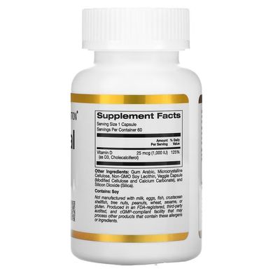 California Gold Nutrition, ліпосомальний вітамін D3, 25 мкг (1000 МО), 60 рослинних капсул (CGN-01873), фото