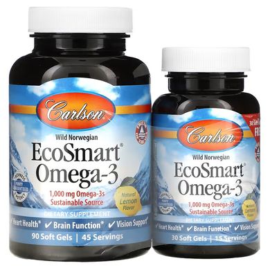 Carlson Labs, EcoSmart Omega-3, жирні кислоти омега-3, зі смаком натурального лимона, 1000 мг, 90+30 желатинових капсул (CAR-01804), фото