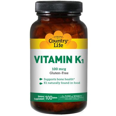 Витамин К-1, Country Life, 100 мкг, 100 таблеток (CLF-08011), фото