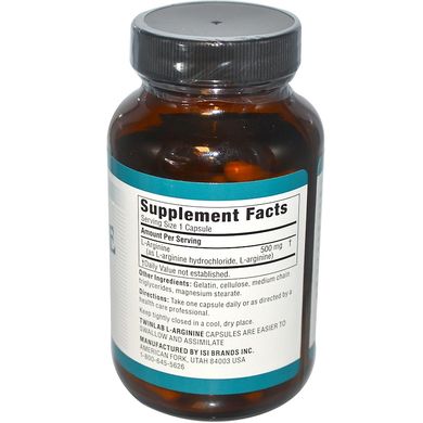L-аргінін, Twinlab, 500 мг, Вільна Форма, 100 капс, (TWL-00111), фото