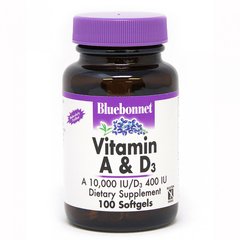 Вітамін А і D3 10 000 IU / 400 IU, Bluebonnet Nutrition, 100 желатинових капсул (BLB-00300), фото