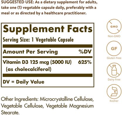 Solgar, витамин D3 (холекальциферол), 125 мкг (5000 МЕ), 240 вегетарианских капсул (SOL-03314), фото