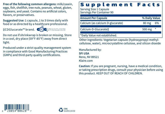 Klaire Labs, Кальцій Д-глюкарат, Calcium D-Glucarate, 500 мг, 90 вегетаріанських капсу (KLL-00628), фото