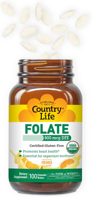 Country Life, Фолат, вкус апельсина, 800 мкг, 100 таблеток (CLF-06313), фото
