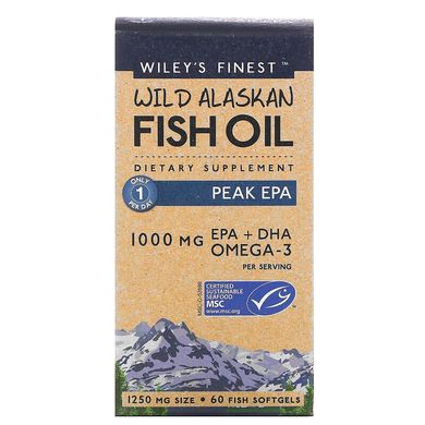Wiley's Finest, рыбий жир диких аляскинских рыб, максимальное содержание ЭПК, 1250 мг, 60 рыбных капсул (WIF-00407), фото