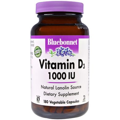 Bluebonnet Nutrition, Витамин D3, 1000 МЕ, 180 растительных капсул (BLB-00313), фото
