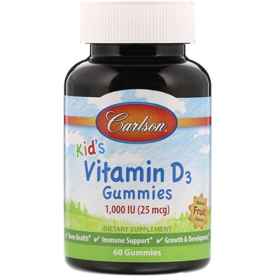 Carlson Labs, Витамин D3 для детей, натуральные фруктовые ароматизаторы, 25 мкг (1000 МЕ),  60 жевательных конфет (CAR-49430), фото
