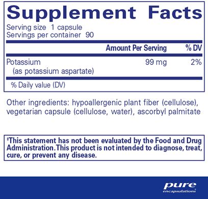 Калій (аспартат), Potassium (aspartate), Pure Encapsulations, 90 капсул (PE-00216), фото