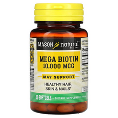 Mason Natural, Mega Biotin, Биотин, 10000 мкг, 50 гелевых капсул (MAV-16799), фото
