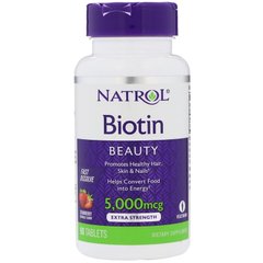 Биотин, Biotin, вкус клубники, Natrol, 5000 мкг, 90 таблеток (NTL-06323), фото