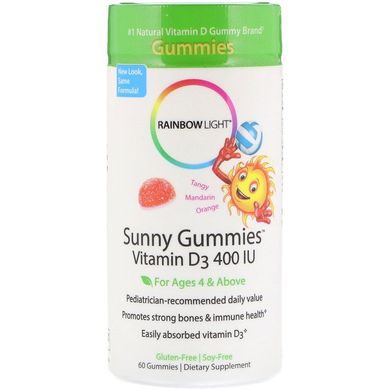 Rainbow Light, Sunny Gummies, Вітамін D3, терпкий мандарин і апельсин, для дітей віком від 4 років, 400 МО, 60 жувальних цукерок (RLT-12053), фото