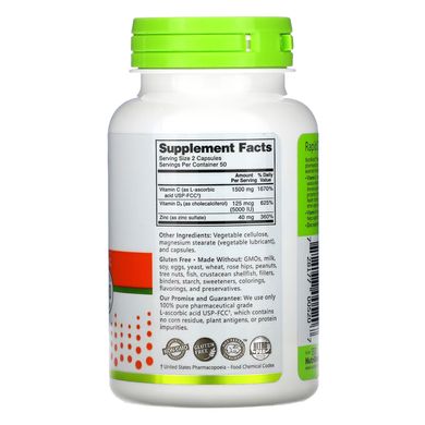 NutriBiotic, Immunity, витамины C + D3 и цинк, 100 капсул (NBC-00520), фото