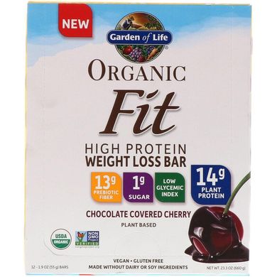 Garden of Life, Organic Fit, батончик для потери веса с высоким содержанием белка, вишня в шоколадной глазури, 12 батончиков, по 55 г каждый (GOL-12209), фото