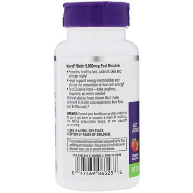 Біотин, Biotin, смак полуниці, Natrol, 5000 мкг, 90 таблеток (NTL-06323), фото