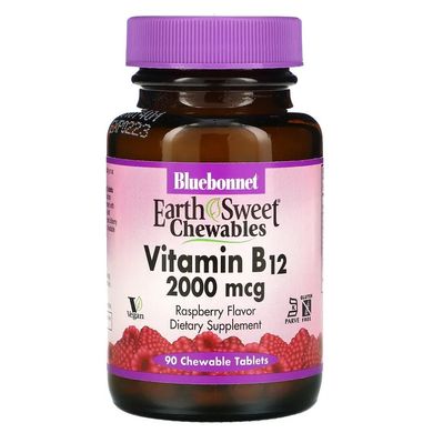 Bluebonnet Nutrition, EarthSweet, вітамін B12, натуральний смак малини, 2000 мкг, 90 жувальних таблеток (BLB-00436), фото
