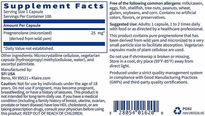 Прегненолон, Pregnenolone, Klaire Labs, 25 мг, 100 вегетаріанських капсул (KLL-01620), фото