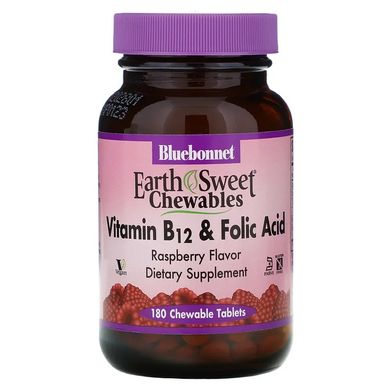 Bluebonnet Nutrition, EarthSweet, витамин B-12 и фолиевая кислота, натуральный малиновый ароматизатор, 180 жевательных таблеток (BLB-00435), фото