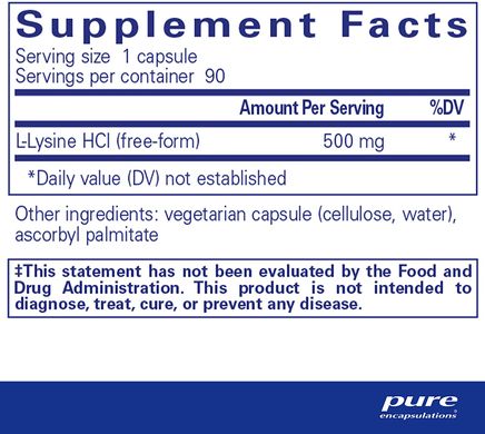 Pure Encapsulations, L-лизин, 500 мг, 90 капсул (PE-00168), фото