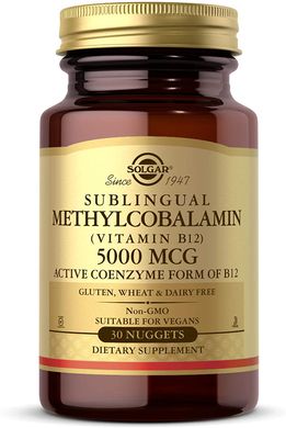 Solgar, Сублінгвальний метилкобаламін (вітамін B12), 5000 мкг, 30 таблеток (SOL-01958), фото