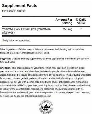 Йохимбе, экстракт, Mega Yohimbe Extract, Swanson, 750 мг, 120 капсул (SWV-08016), фото
