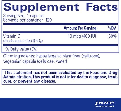 Витамин D3, Vitamin D3, Pure Encapsulations, 400 МЕ, 120 капсул (PE-00622), фото