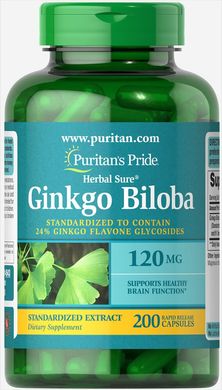 Puritan's Pride, Гінкго Білоба, стандартизований екстракт, 120 мг, 200 капсул (PTP-04543), фото