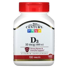 21st Century, витамин D3, 10 мкг (400 МЕ), 100 таблеток (CEN-22661), фото