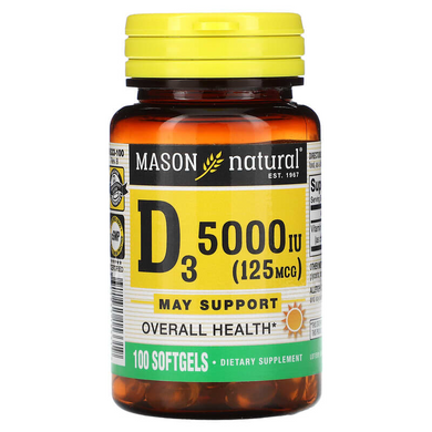 Витамин D3 5000 МЕ, Vitamin D3, Mason Natural, 100 гелевых капсул (MAV-15331), фото