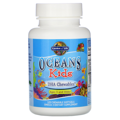 Garden of Life, Oceans Kids, DHA Chewables, від 3 років і старше, смак ягід і лайма, 120 мг, 120 жувальних м'яких таблеток (GOL-11387), фото